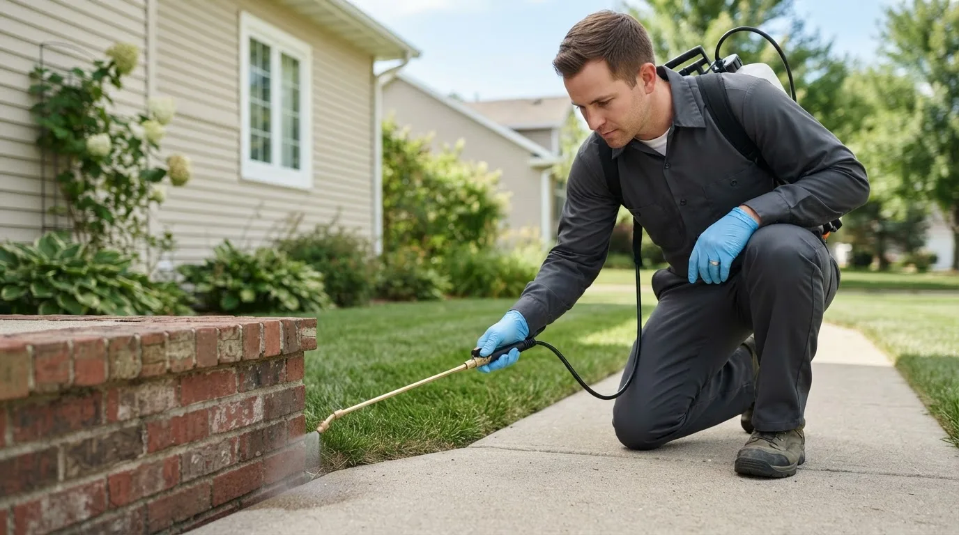 Pest control technician treating a home near Edna, TX