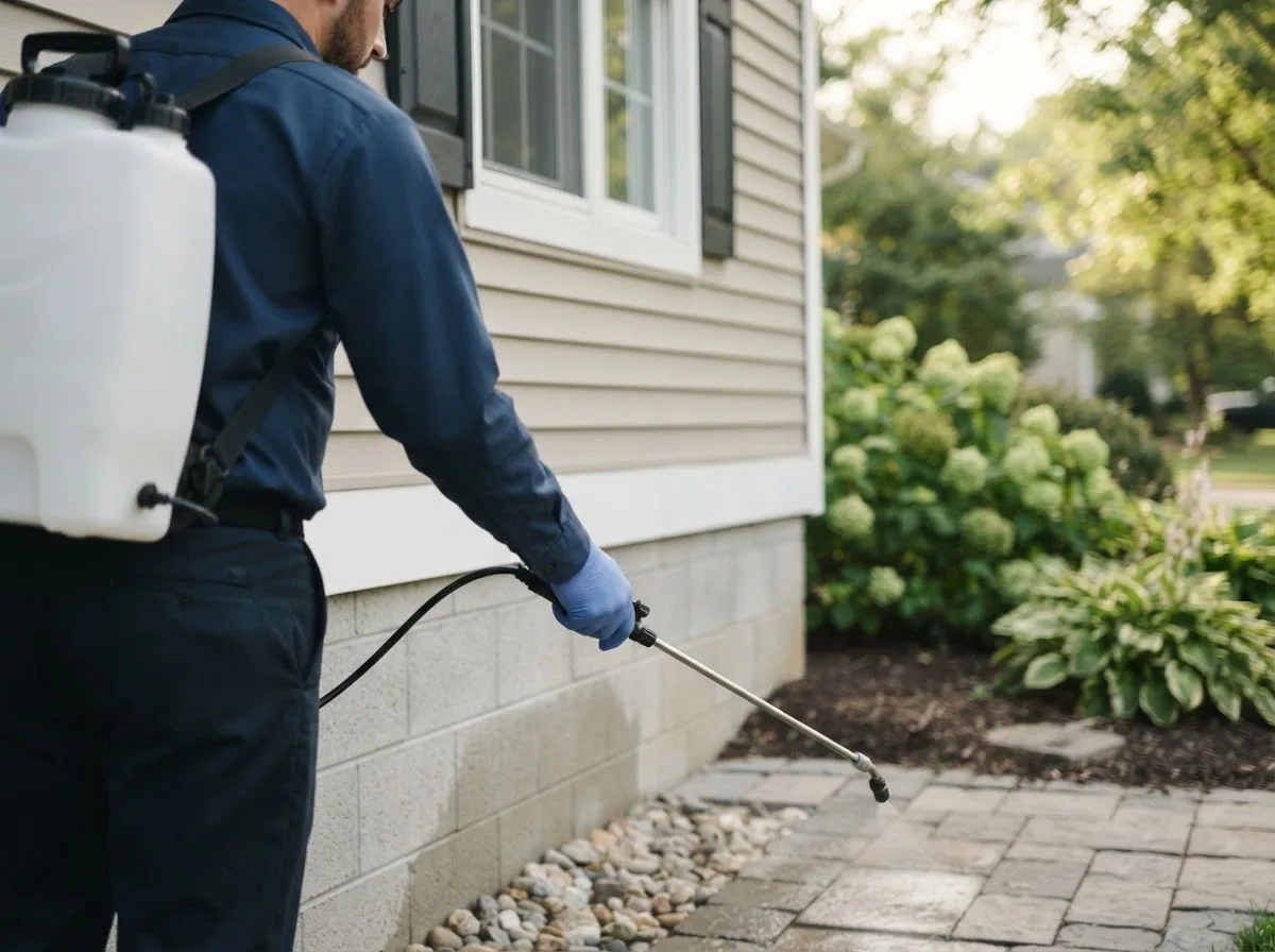Pest control technician inspecting a home in Edna, TX